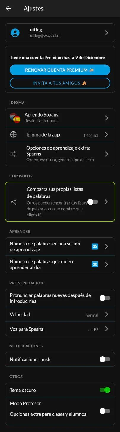La nueva pantalla de ajustes de Wozzol